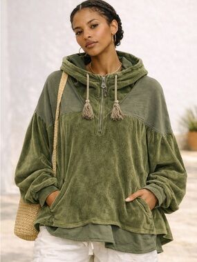Free People Movement Velour Hoodie High Low Oversized Olive Size S